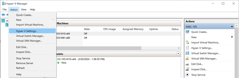 Hyper-V virtual machine settings