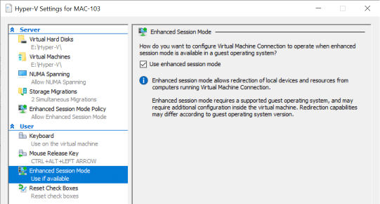 use enhanced session mode in hyper-v