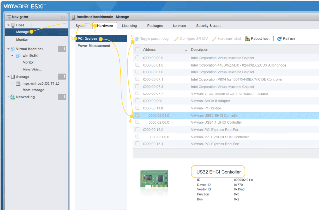 VMware supports EHCI+UHCI and xHCI controller