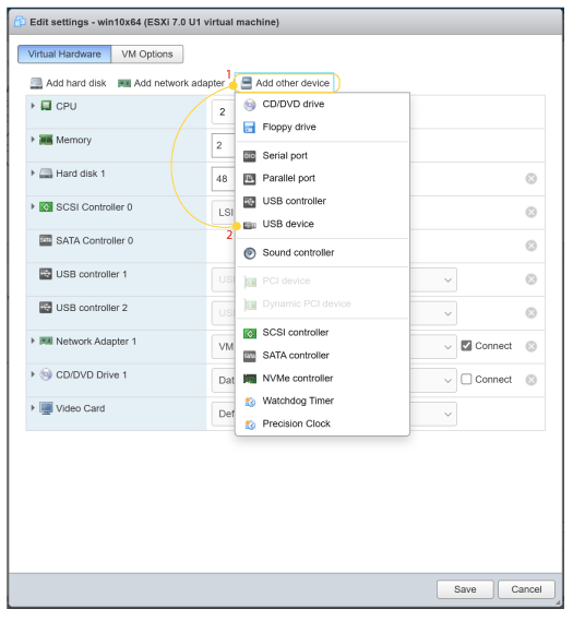 The New device menu is at the very bottom of the Edit settings window